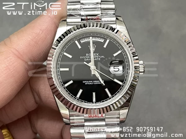 Rolex DayDate 228236 40mm GMF 1:1 Best Edition Black Dial Fluted Bezel on SS Bracelet A2836 (Tungsten Heavy Version) - Super Clone Watch | 1:1 Best Version