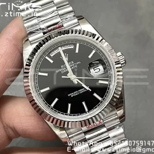 Rolex DayDate 228236 40mm GMF 1:1 Best Edition Black Dial Fluted Bezel on SS Bracelet A2836 (Tungsten Heavy Version) - Super Clone Watch | 1:1 Best Version