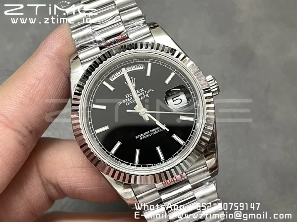 Rolex DayDate 228236 40mm GMF 1:1 Best Edition Black Dial Fluted Bezel on SS Bracelet A2836 (Tungsten Heavy Version) - Super Clone Watch | 1:1 Best Version