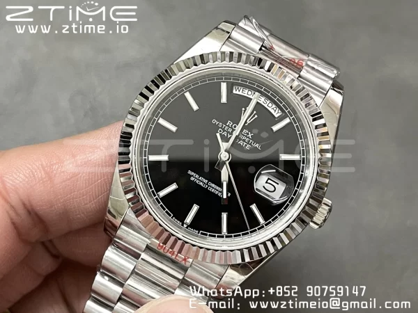Rolex DayDate 228236 40mm GMF 1:1 Best Edition Black Dial Fluted Bezel on SS Bracelet A2836 (Tungsten Heavy Version) - Super Clone Watch | 1:1 Best Version