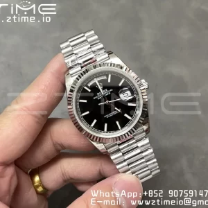 Rolex DayDate 228236 40mm GMF 1:1 Best Edition Black Dial Fluted Bezel on SS Bracelet A2836 (Tungsten Heavy Version) - Super Clone Watch | 1:1 Best Version