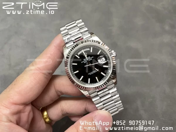 Rolex DayDate 228236 40mm GMF 1:1 Best Edition Black Dial Fluted Bezel on SS Bracelet A2836 (Tungsten Heavy Version) - Super Clone Watch | 1:1 Best Version