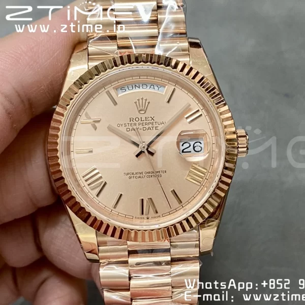 Rolex DayDate 228235 40mm RG GMF 1:1 Best Edition RG Dial Roman Markers Fluted Bezel on RG Bracelet A2836 (Tungsten Heavy Version) - Super Clone Watch | 1:1 Best Version