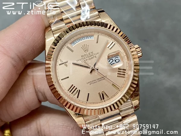 Rolex DayDate 228235 40mm RG GMF 1:1 Best Edition RG Dial Roman Markers Fluted Bezel on RG Bracelet A2836 (Tungsten Heavy Version) - Super Clone Watch | 1:1 Best Version