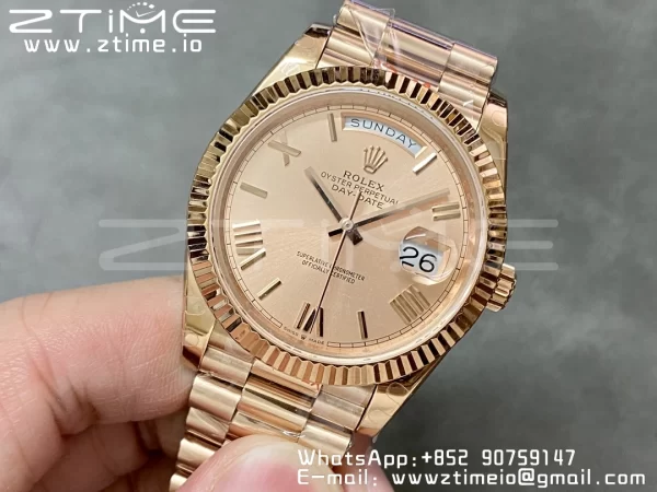 Rolex DayDate 228235 40mm RG GMF 1:1 Best Edition RG Dial Roman Markers Fluted Bezel on RG Bracelet A2836 (Tungsten Heavy Version) - Super Clone Watch | 1:1 Best Version