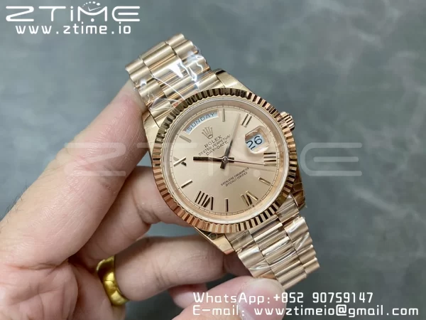 Rolex DayDate 228235 40mm RG GMF 1:1 Best Edition RG Dial Roman Markers Fluted Bezel on RG Bracelet A2836 (Tungsten Heavy Version) - Super Clone Watch | 1:1 Best Version