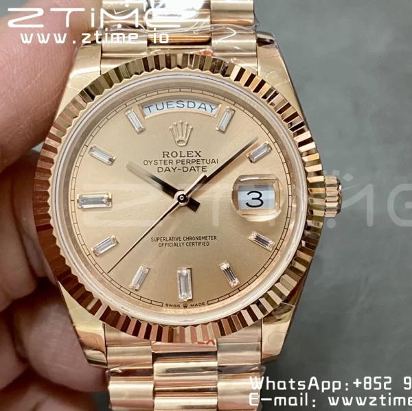 Rolex DayDate 228235 40mm RG GMF 1:1 Best Edition RG Dial Diamonds Markers Fluted Bezel on RG Bracelet A2836 (Tungsten Heavy Version) - Super Clone Watch | 1:1 Best Version