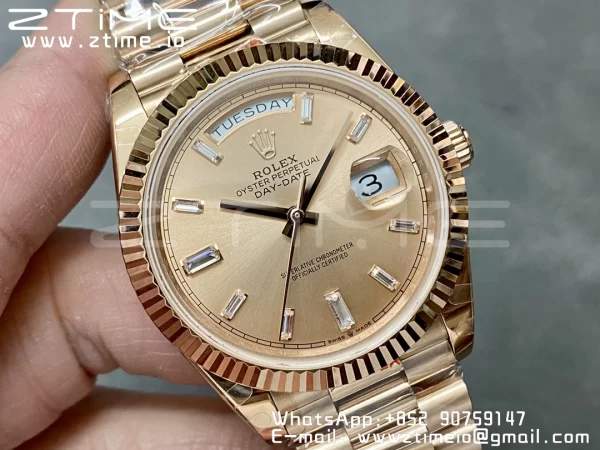 Rolex DayDate 228235 40mm RG GMF 1:1 Best Edition RG Dial Diamonds Markers Fluted Bezel on RG Bracelet A2836 (Tungsten Heavy Version) - Super Clone Watch | 1:1 Best Version