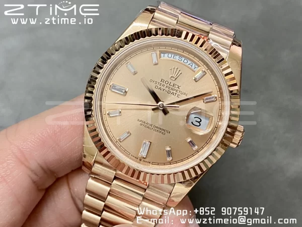 Rolex DayDate 228235 40mm RG GMF 1:1 Best Edition RG Dial Diamonds Markers Fluted Bezel on RG Bracelet A2836 (Tungsten Heavy Version) - Super Clone Watch | 1:1 Best Version