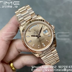 Rolex DayDate 228235 40mm RG GMF 1:1 Best Edition RG Dial Diamonds Markers Fluted Bezel on RG Bracelet A2836 (Tungsten Heavy Version) - Super Clone Watch | 1:1 Best Version