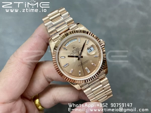Rolex DayDate 228235 40mm RG GMF 1:1 Best Edition RG Dial Diamonds Markers Fluted Bezel on RG Bracelet A2836 (Tungsten Heavy Version) - Super Clone Watch | 1:1 Best Version