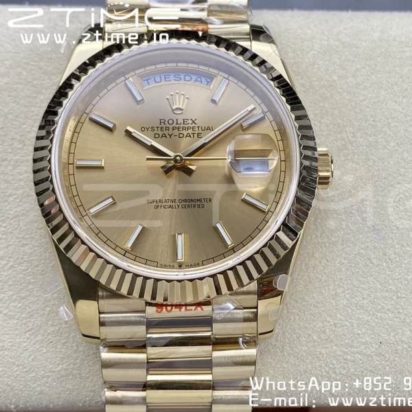 Rolex DayDate 228238 40mm YG GMF 1:1 Best Edition YG Dial  Fluted Bezel on YG Bracelet A2836 (Tungsten Heavy Version) - Super Clone Watch | 1:1 Best Version