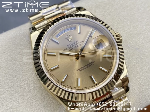 Rolex DayDate 228238 40mm YG GMF 1:1 Best Edition YG Dial  Fluted Bezel on YG Bracelet A2836 (Tungsten Heavy Version) - Super Clone Watch | 1:1 Best Version