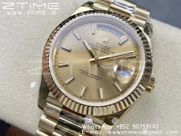 Rolex DayDate 228238 40mm YG GMF 1:1 Best Edition YG Dial  Fluted Bezel on YG Bracelet A2836 (Tungsten Heavy Version) - Super Clone Watch | 1:1 Best Version