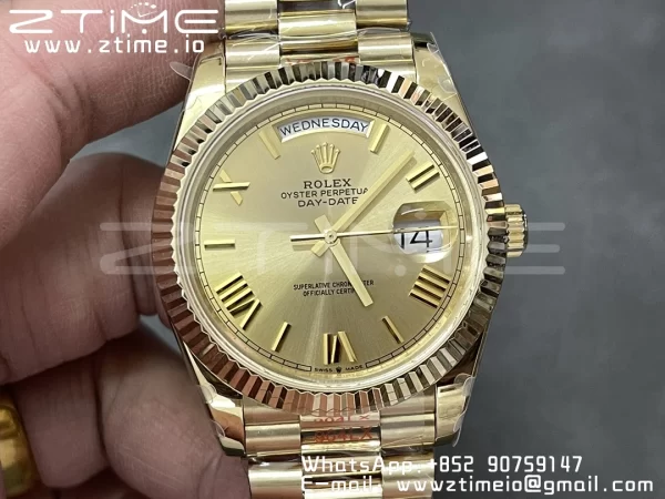 Rolex DayDate 228238 40mm YG GMF 1:1 Best Edition YG Dial Roman Markers Fluted Bezel on YG Bracelet A2836 (Tungsten Heavy Version) - Super Clone Watch | 1:1 Best Version