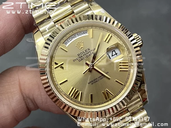 Rolex DayDate 228238 40mm YG GMF 1:1 Best Edition YG Dial Roman Markers Fluted Bezel on YG Bracelet A2836 (Tungsten Heavy Version) - Super Clone Watch | 1:1 Best Version