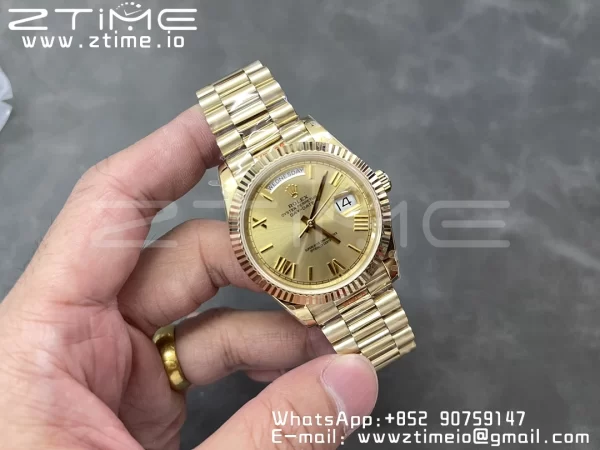 Rolex DayDate 228238 40mm YG GMF 1:1 Best Edition YG Dial Roman Markers Fluted Bezel on YG Bracelet A2836 (Tungsten Heavy Version) - Super Clone Watch | 1:1 Best Version