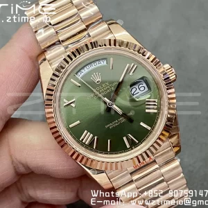 Rolex DayDate 228235 40mm RG GMF 1:1 Best Edition Green Dial Roman Markers Fluted Bezel on RG Bracelet A2836 (Tungsten Heavy Version) - Super Clone Watch | 1:1 Best Version