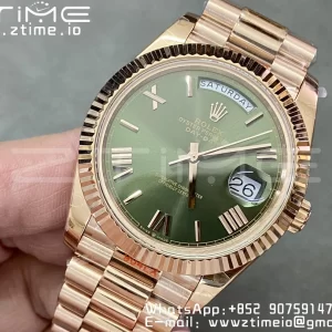 Rolex DayDate 228235 40mm RG GMF 1:1 Best Edition Green Dial Roman Markers Fluted Bezel on RG Bracelet A2836 (Tungsten Heavy Version) - Super Clone Watch | 1:1 Best Version