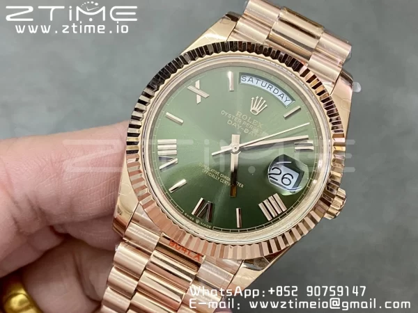 Rolex DayDate 228235 40mm RG GMF 1:1 Best Edition Green Dial Roman Markers Fluted Bezel on RG Bracelet A2836 (Tungsten Heavy Version) - Super Clone Watch | 1:1 Best Version