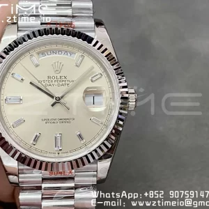 Rolex DayDate 228236 40mm GMF 1:1 Cea mai bună ediție Cadran argintiu Diamante Markers Fluted Bezel pe brățară SS A2836 (Tungsten Heavy Version) - Super Clone Watch | 1:1 Cea mai bună versiune