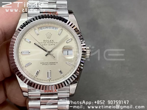 Rolex DayDate 228236 40mm GMF 1:1 Cea mai bună ediție Cadran argintiu Diamante Markers Fluted Bezel pe brățară SS A2836 (Tungsten Heavy Version) - Super Clone Watch | 1:1 Cea mai bună versiune