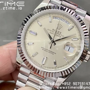 Rolex DayDate 228236 40mm GMF 1:1 Cea mai bună ediție Cadran argintiu Diamante Markers Fluted Bezel pe brățară SS A2836 (Tungsten Heavy Version) - Super Clone Watch | 1:1 Cea mai bună versiune