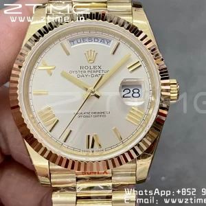Rolex DayDate 228238 40mm YG GMF 1:1 Best Edition Silvery Dial Roman Markers Fluted Bezel on YG Bracelet A2836 (Tungsten Heavy Version) - Super Clone Watch | 1:1 Best Version