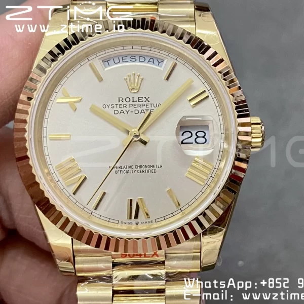 Rolex DayDate 228238 40mm YG GMF 1:1 Best Edition Silvery Dial Roman Markers Fluted Bezel on YG Bracelet A2836 (Tungsten Heavy Version) - Super Clone Watch | 1:1 Best Version