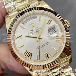 Rolex DayDate 228238 40mm YG GMF 1:1 Best Edition Silvery Dial Roman Markers Fluted Bezel on YG Bracelet A2836 (Tungsten Heavy Version) - Super Clone Watch | 1:1 Best Version
