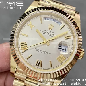 Rolex DayDate 228238 40mm YG GMF 1:1 Best Edition Silvery Dial Roman Markers Fluted Bezel on YG Bracelet A2836 (Tungsten Heavy Version) - Super Clone Watch | 1:1 Best Version