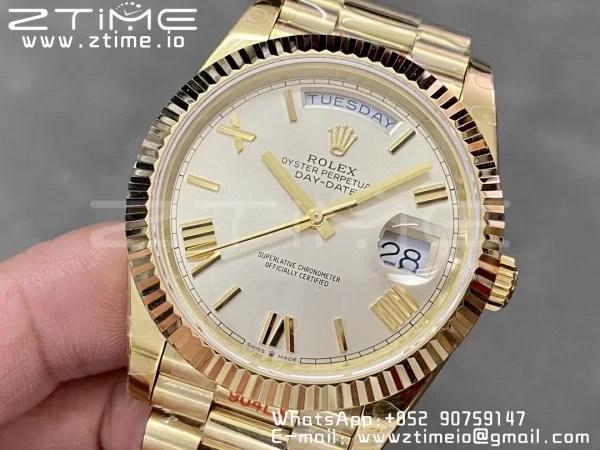 Rolex DayDate 228238 40mm YG GMF 1:1 Best Edition Silvery Dial Roman Markers Fluted Bezel on YG Bracelet A2836 (Tungsten Heavy Version) - Super Clone Watch | 1:1 Best Version
