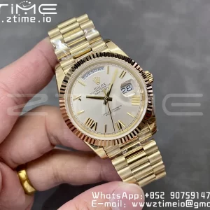 Rolex DayDate 228238 40mm YG GMF 1:1 Best Edition Silvery Dial Roman Markers Fluted Bezel on YG Bracelet A2836 (Tungsten Heavy Version) - Super Clone Watch | 1:1 Best Version
