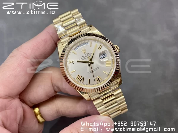 Rolex DayDate 228238 40mm YG GMF 1:1 Best Edition Silvery Dial Roman Markers Fluted Bezel on YG Bracelet A2836 (Tungsten Heavy Version) - Super Clone Watch | 1:1 Best Version