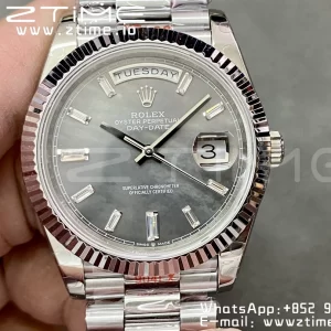 Rolex DayDate 228236 40mm GMF 1:1 Best Edition Black Dial Diamonds Markers Fluted Bezel on SS Bracelet A2836 (Tungsten Heavy Version) - Super Clone Watch | 1:1 Best Version