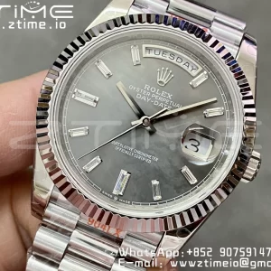 Rolex DayDate 228236 40mm GMF 1:1 Mejor Edición Esfera Negra Marcadores Diamantes Bisel Acanalado en Brazalete SS A2836 (Tungsteno Versión Pesada) - Reloj Super Clon | 1:1 Mejor Versión