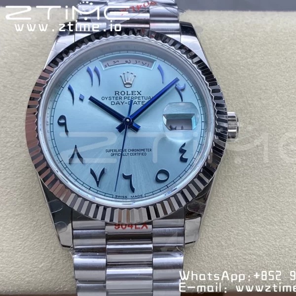 Rolex DayDate 228236 40mm GMF 1:1 Best Edition Ice Blue Dial Arabic Markers Fluted Bezel on SS Bracelet A2836 (Tungsten Heavy Version) - Super Clone Watch | 1:1 Best Version