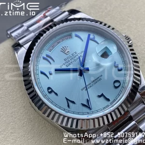 Rolex DayDate 228236 40mm GMF 1:1 Best Edition Ice Blue Dial Arabic Markers Fluted Bezel on SS Bracelet A2836 (Tungsten Heavy Version) - Super Clone Watch | 1:1 Best Version