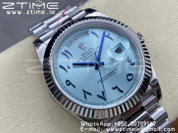 Rolex DayDate 228236 40mm GMF 1:1 Best Edition Ice Blue Dial Arabic Markers Fluted Bezel on SS Bracelet A2836 (Tungsten Heavy Version) - Super Clone Watch | 1:1 Best Version