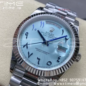 Rolex DayDate 228236 40mm GMF 1:1 Best Edition Ice Blue Dial Arabic Markers Fluted Bezel on SS Bracelet A2836 (Tungsten Heavy Version) - Super Clone Watch | 1:1 Best Version