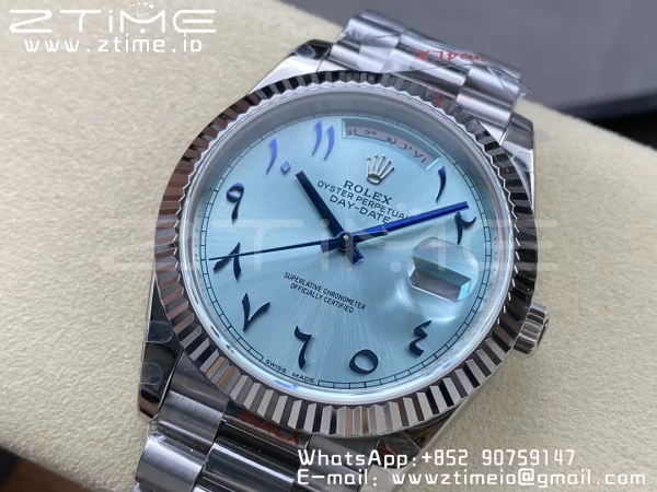 Rolex DayDate 228236 40mm GMF 1:1 Best Edition Ice Blue Dial Arabic Markers Fluted Bezel on SS Bracelet A2836 (Tungsten Heavy Version) - Super Clone Watch | 1:1 Best Version