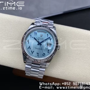 Rolex DayDate 228236 40mm GMF 1:1 Best Edition Ice Blue Dial Arabic Markers Fluted Bezel on SS Bracelet A2836 (Tungsten Heavy Version) - Super Clone Watch | 1:1 Best Version