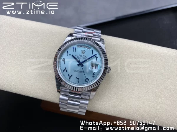 Rolex DayDate 228236 40mm GMF 1:1 Best Edition Ice Blue Dial Arabic Markers Fluted Bezel on SS Bracelet A2836 (Tungsten Heavy Version) - Super Clone Watch | 1:1 Best Version