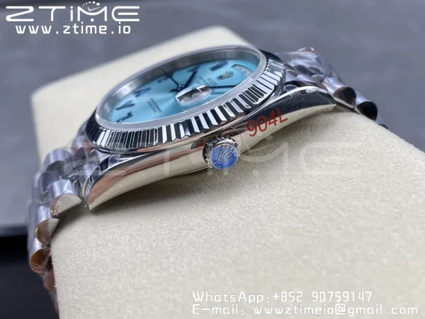 Rolex DayDate 228236 40mm GMF 1:1 Best Edition Ice Blue Dial Arabic Markers Fluted Bezel on SS Bracelet A2836 (Tungsten Heavy Version) - Super Clone Watch | 1:1 Best Version