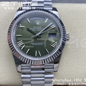 Rolex DayDate 228236 40mm GMF 1:1 Best Edition Green Dial Roman Markers Fluted Bezel on SS Bracelet A2836 (Tungsten Heavy Version) - Super Clone Watch | 1:1 Best Version