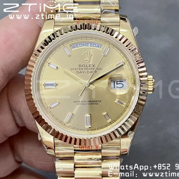 Rolex DayDate 228238 40mm YG GMF 1:1 Best Edition YG Dial Diamonds Markers Fluted Bezel on YG Bracelet A2836 (Tungsten Heavy Version) - Super Clone Watch | 1:1 Best Version