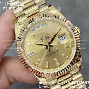 Rolex DayDate 228238 40mm YG GMF 1:1 Best Edition YG Dial Diamonds Markers Fluted Bezel on YG Bracelet A2836 (Tungsten Heavy Version) - Super Clone Watch | 1:1 Best Version