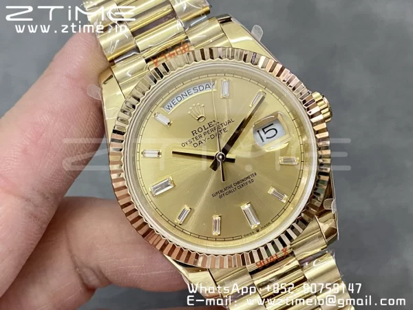 Rolex DayDate 228238 40mm YG GMF 1:1 Best Edition YG Dial Diamonds Markers Fluted Bezel on YG Bracelet A2836 (Tungsten Heavy Version) - Super Clone Watch | 1:1 Best Version