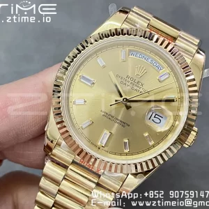 Rolex DayDate 228238 40mm YG GMF 1:1 Best Edition YG Dial Diamonds Markers Fluted Bezel on YG Bracelet A2836 (Tungsten Heavy Version) - Super Clone Watch | 1:1 Best Version