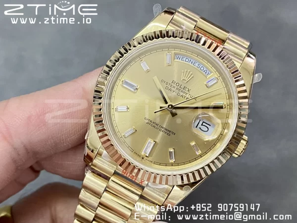 Rolex DayDate 228238 40mm YG GMF 1:1 Best Edition YG Dial Diamonds Markers Fluted Bezel on YG Bracelet A2836 (Tungsten Heavy Version) - Super Clone Watch | 1:1 Best Version